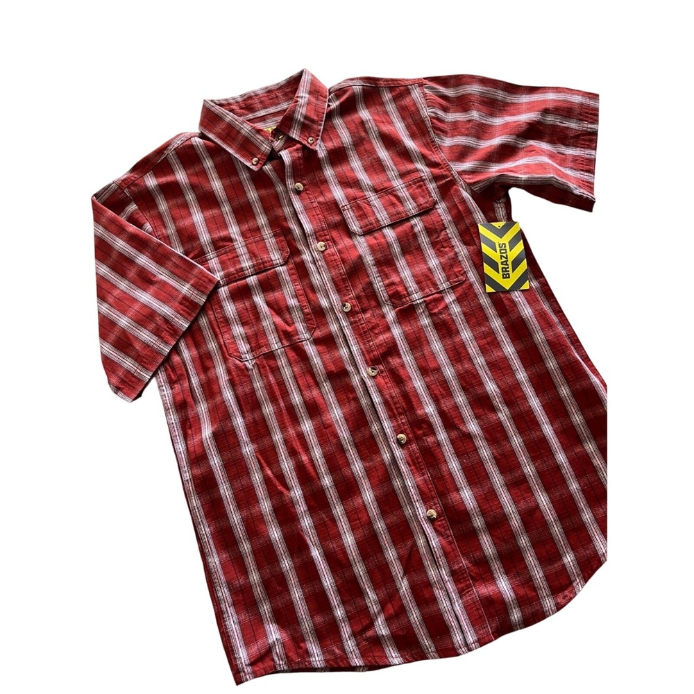 Brazos Mens Red Plaid Short Sleeve Button Down Work Shirt Medium NWT